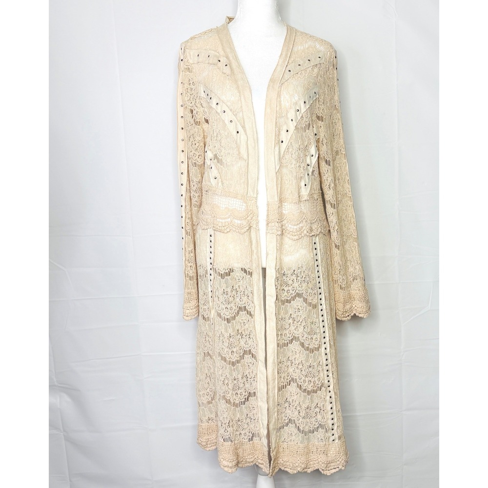 Vocal Duster Cardigan Boho Lace Studded Faux Suede Large Cottagecore Tan Womens